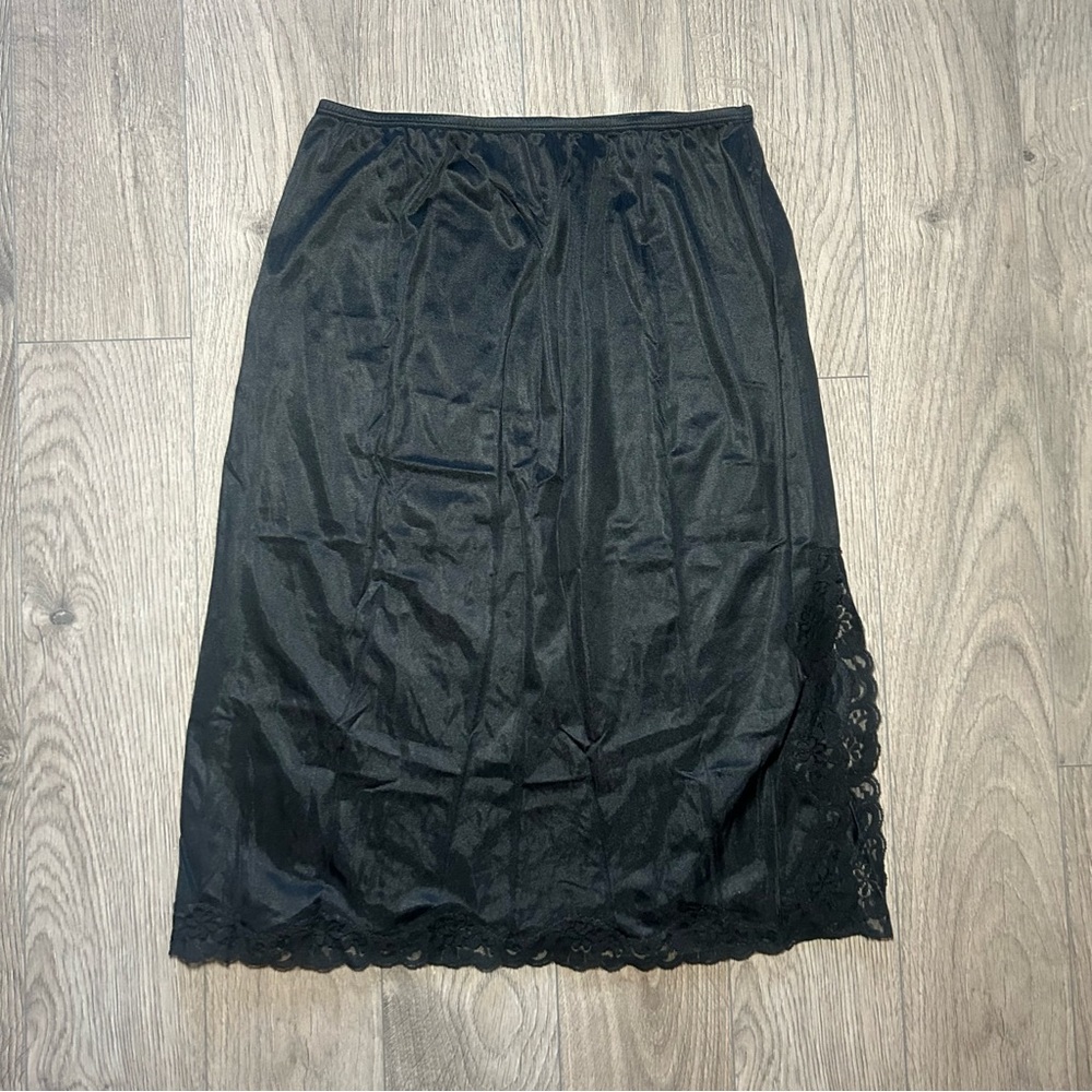 Vintage Hanna Black Half Slip Skirt with Lace and Slit Size M Made in Canada 80s